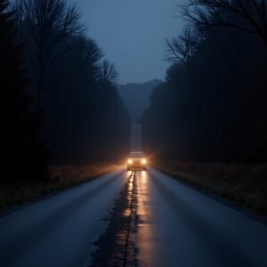 Country road illuminated by car headlights at dusk