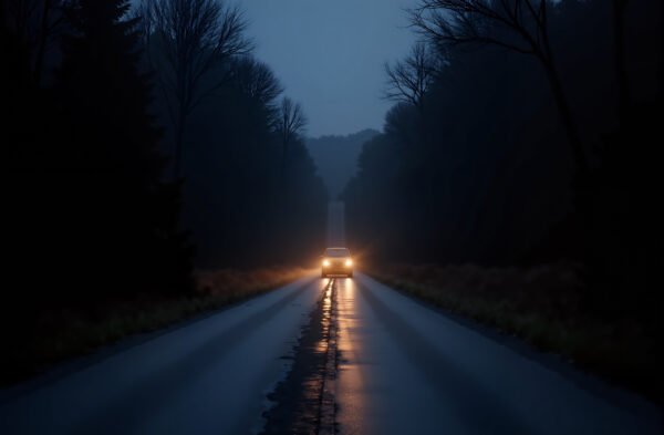 Country road illuminated by car headlights at dusk