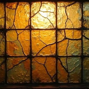 Antique stained textured glass with crackled surface and aged color tint