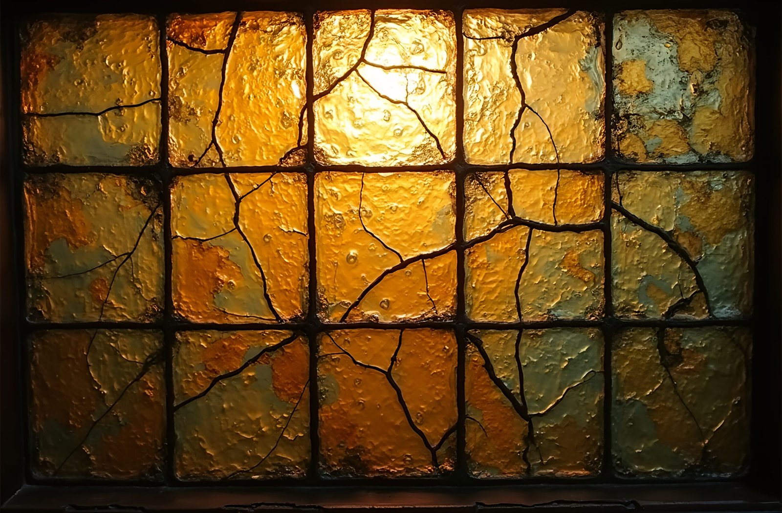 Antique stained textured glass with crackled surface and aged color tint