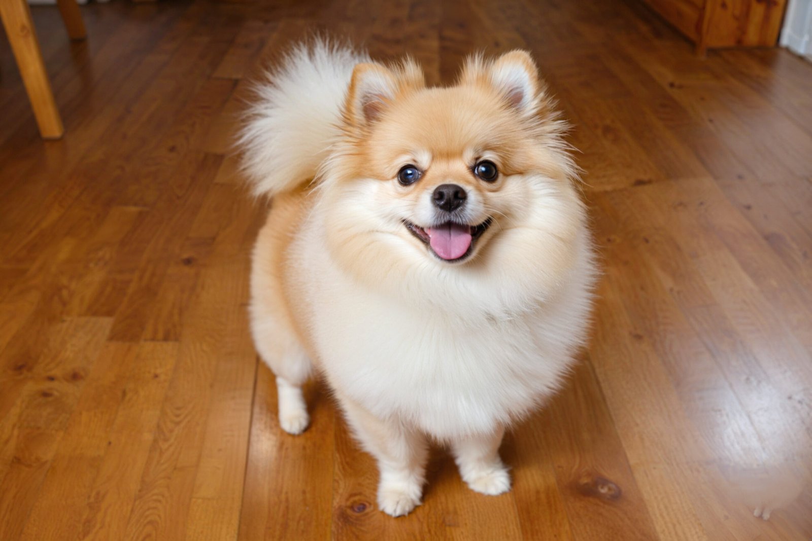 Pomeranian standing on a wooden floor, fur fluffed and bright lighting, cheerful expression