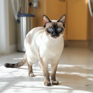 Siamese cat standing on a tiled kitchen floor, slim build, cream coat with dark points, bright daylight