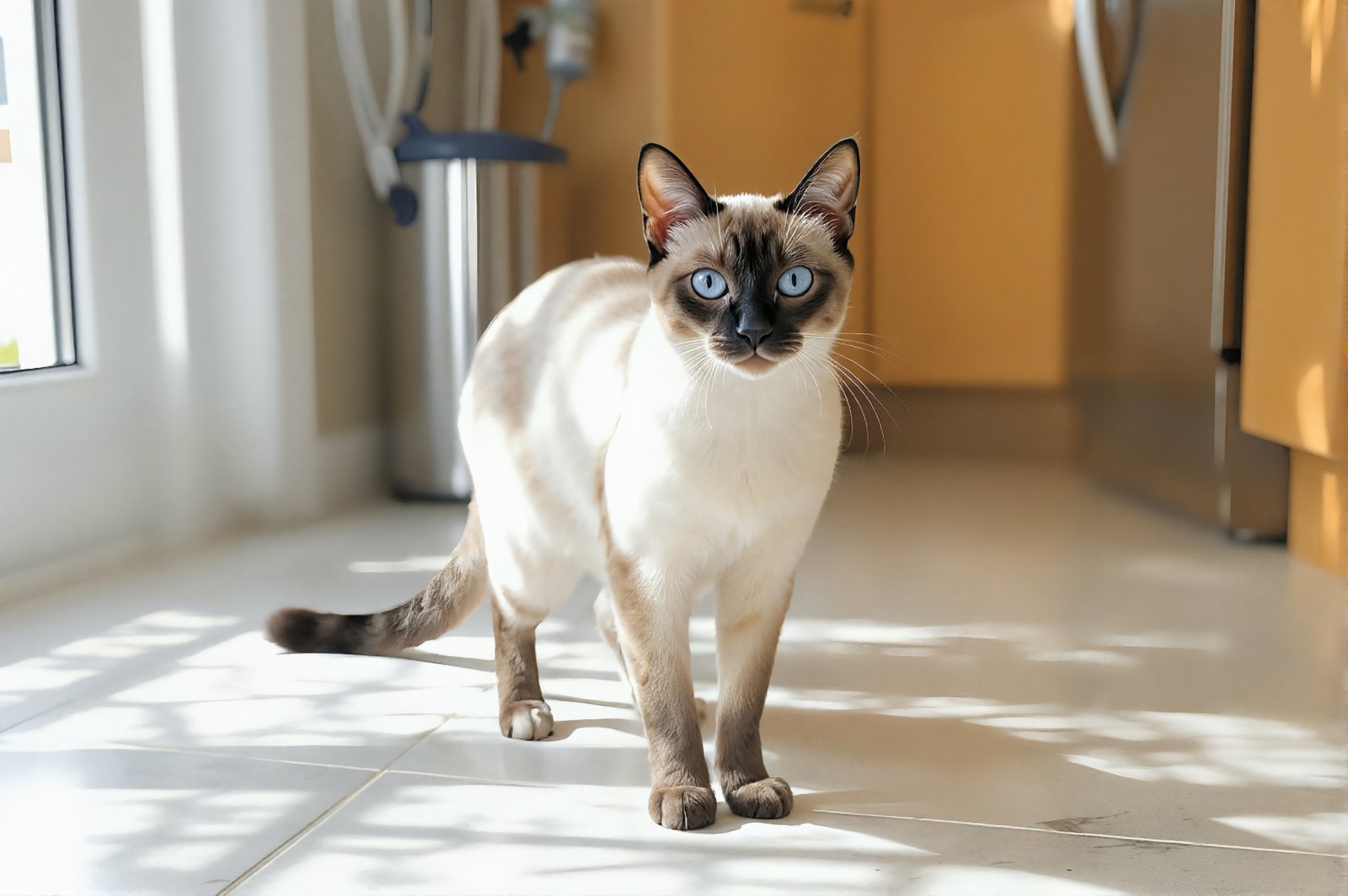 Siamese cat standing on a tiled kitchen floor, slim build, cream coat with dark points, bright daylight