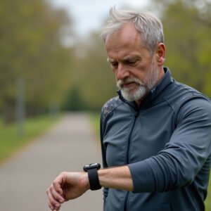 Senior man checking heart rate on a smartwatch, standing in a park in activewear, trees and walking trail in the background