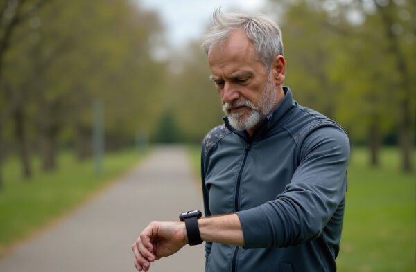 Senior man checking heart rate on a smartwatch, standing in a park in activewear, trees and walking trail in the background