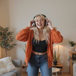 Blonde woman wearing headphones and dancing with happiness—music lifestyle photo
