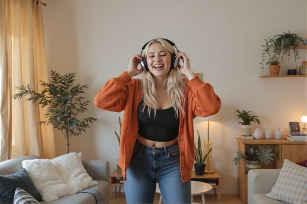 Blonde woman wearing headphones and dancing in her living room