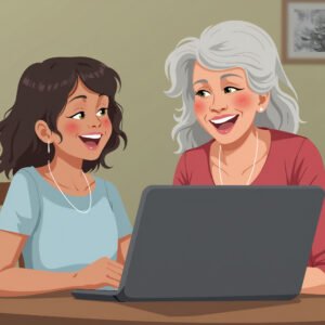 Illustration of grandchild teaching her grandparent how to use a laptop, both smiling, seated together at a dining table with open computer.