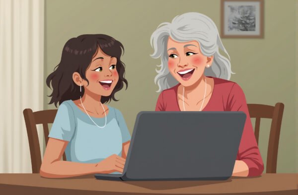 Illustration of grandchild teaching her grandparent how to use a laptop, both smiling, seated together at a dining table with open computer.