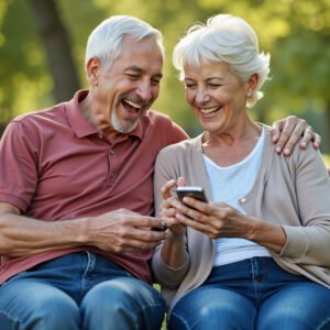 Two senior friends sitting at a park bench laughing while looking at something on a mobile phone together, sunny outdoor setting