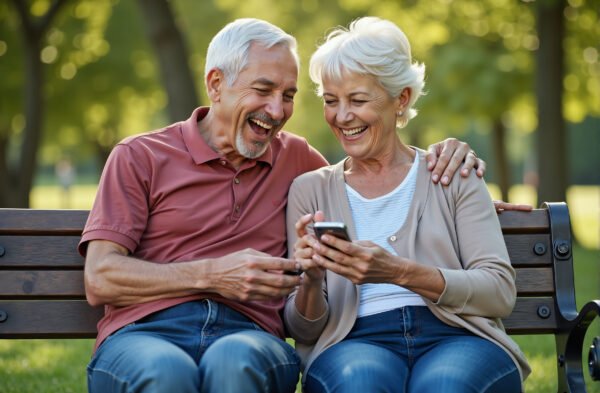 Two senior friends sitting at a park bench laughing while looking at something on a mobile phone together, sunny outdoor setting