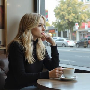 Blonde woman sitting in a cafe by the window, holding a coffee cup and looking thoughtful