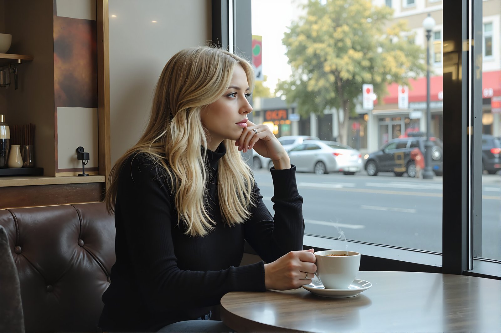Blonde woman sitting in a cafe by the window, holding a coffee cup and looking thoughtful