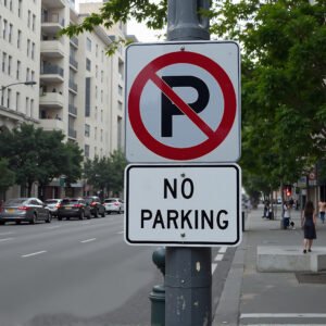 An urban setting with realistic road sign—no parking, amid city traffic