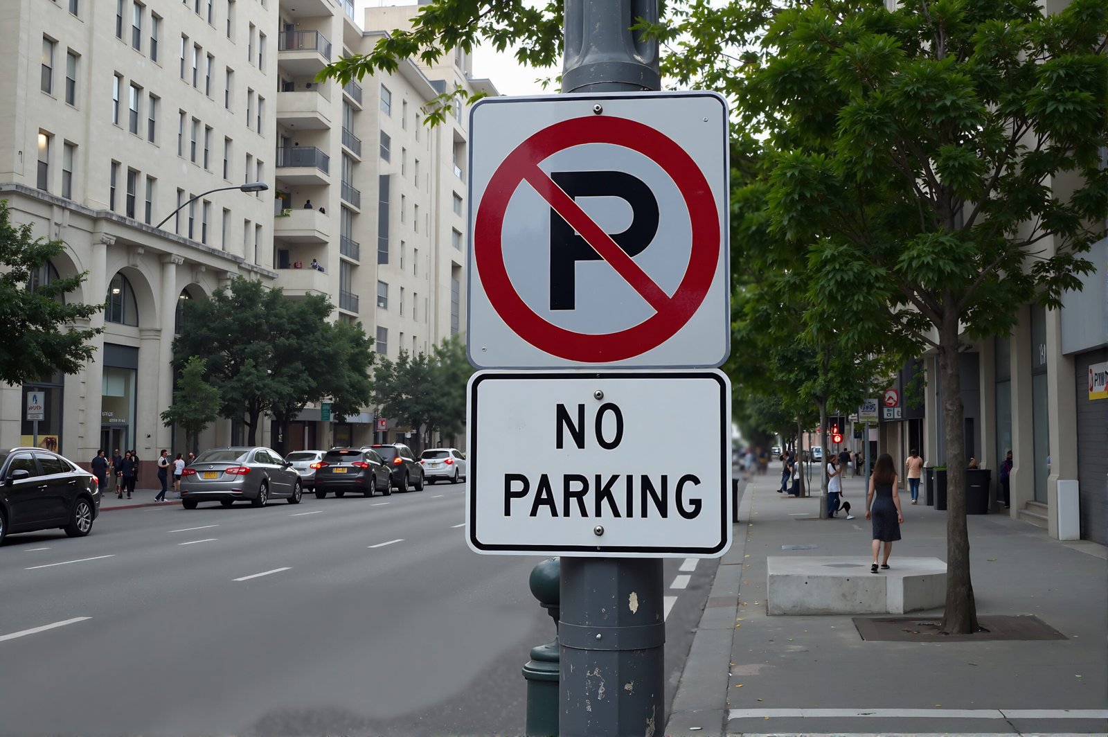 An urban setting with realistic road sign—no parking, amid city traffic