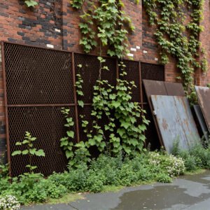 Rusted metal mesh and sheets leaning against an abandoned factory