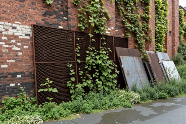 Rusted metal mesh and sheets leaning against an abandoned factory