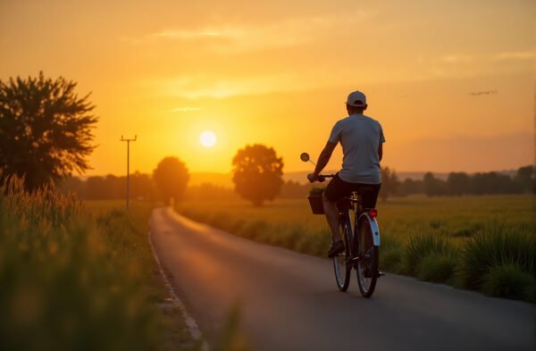 A farmer riding a bicycle along a country road near farmland, carrying a basket of vegetables, sunset in the background