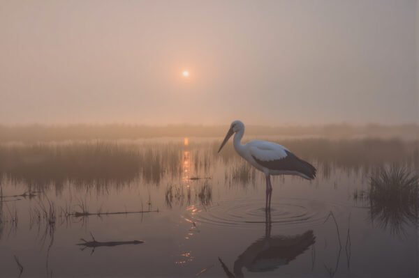 A stork standing gracefully in a shallow water at sunrise, misty atmosphere and golden reflections