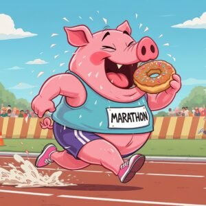 Funny cartoon pig running a marathon while eating a donut, sweating and laughing