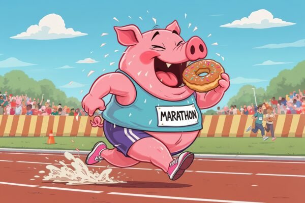 Funny cartoon pig running a marathon while eating a donut, sweating and laughing