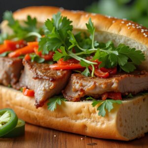 Vietnamese bánh mì sandwich with baguette, pickled veggies, herbs and savory fillings—ideal for food and culinary visuals