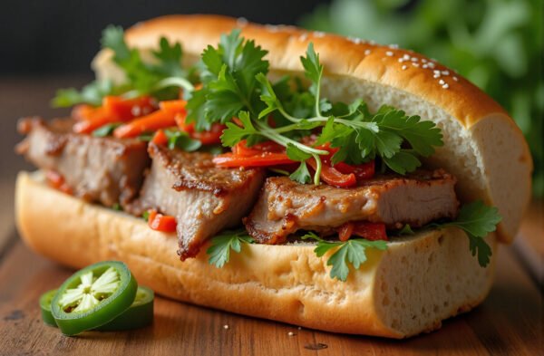 Vietnamese Banh Mi sandwich with pork and pickled vegetables laid on a wooden table
