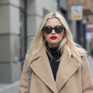 Blonde woman walking in a city street wearing a stylish coat and sunglasses