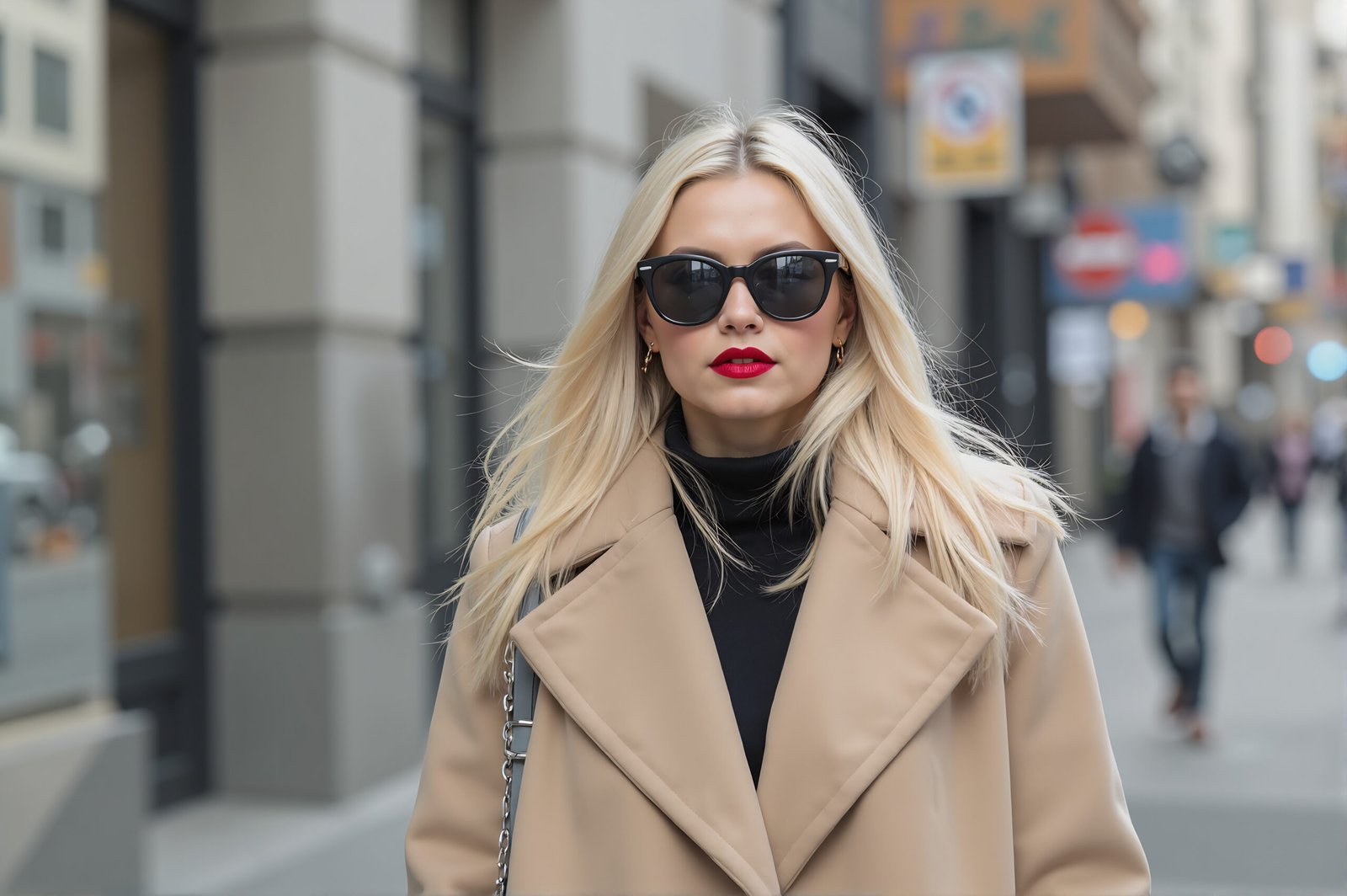 Blonde woman walking in a city street wearing a stylish coat and sunglasses