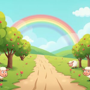 Cartoon countryside scene with a road lined with apple trees, fluffy sheep grazing, and a rainbow in the background