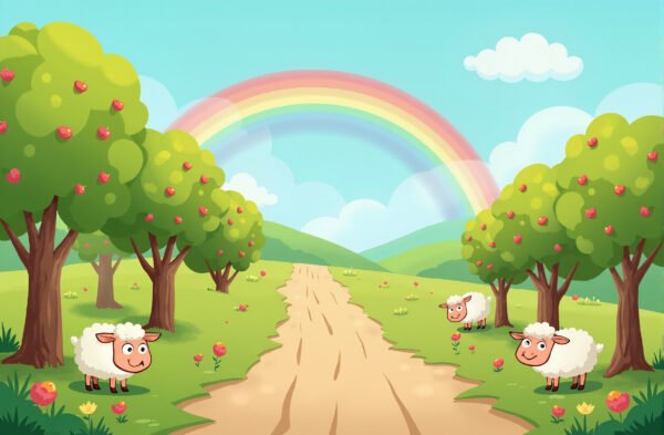 Cartoon countryside scene with a road lined with apple trees, fluffy sheep grazing, and a rainbow in the background
