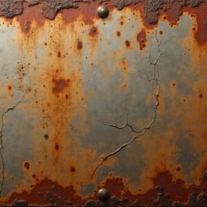 Heavily rusted steel plate with rough texture and deep orange corrosion