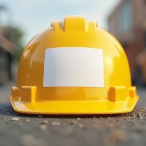 construction safety helmet mockup with blank label