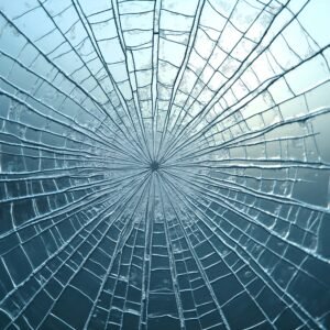 Close-up of shattered window glass with detailed cracks and fragments—free image for texture or abstract visuals.