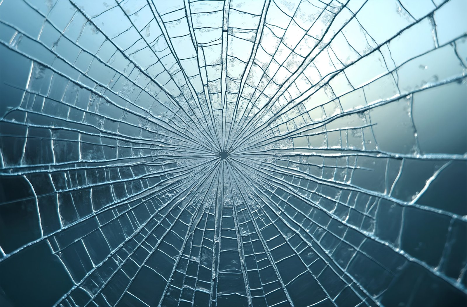 Close-up of shattered window glass with detailed cracks and fragments—free image for texture or abstract visuals.