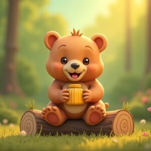 Cute 3D baby bear sitting on a log with a honey jar in the forest