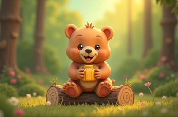 Cute 3D baby bear sitting on a log with a honey jar in the forest
