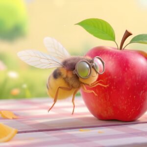 Cute 3D render of a fruit fly wearing tiny glasses, flying around a cartoon apple on a picnic table