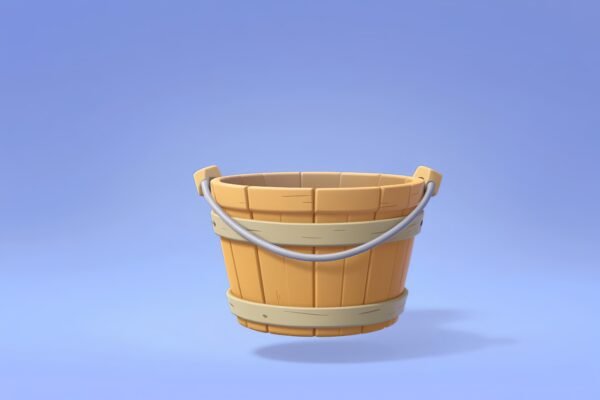 cartoon-style bucket with empty surface area for design placement, floating with soft shadow