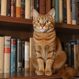 Abyssinian cat standing on a bookshelf, sleek reddish-brown fur, curious expression, bookshelf background