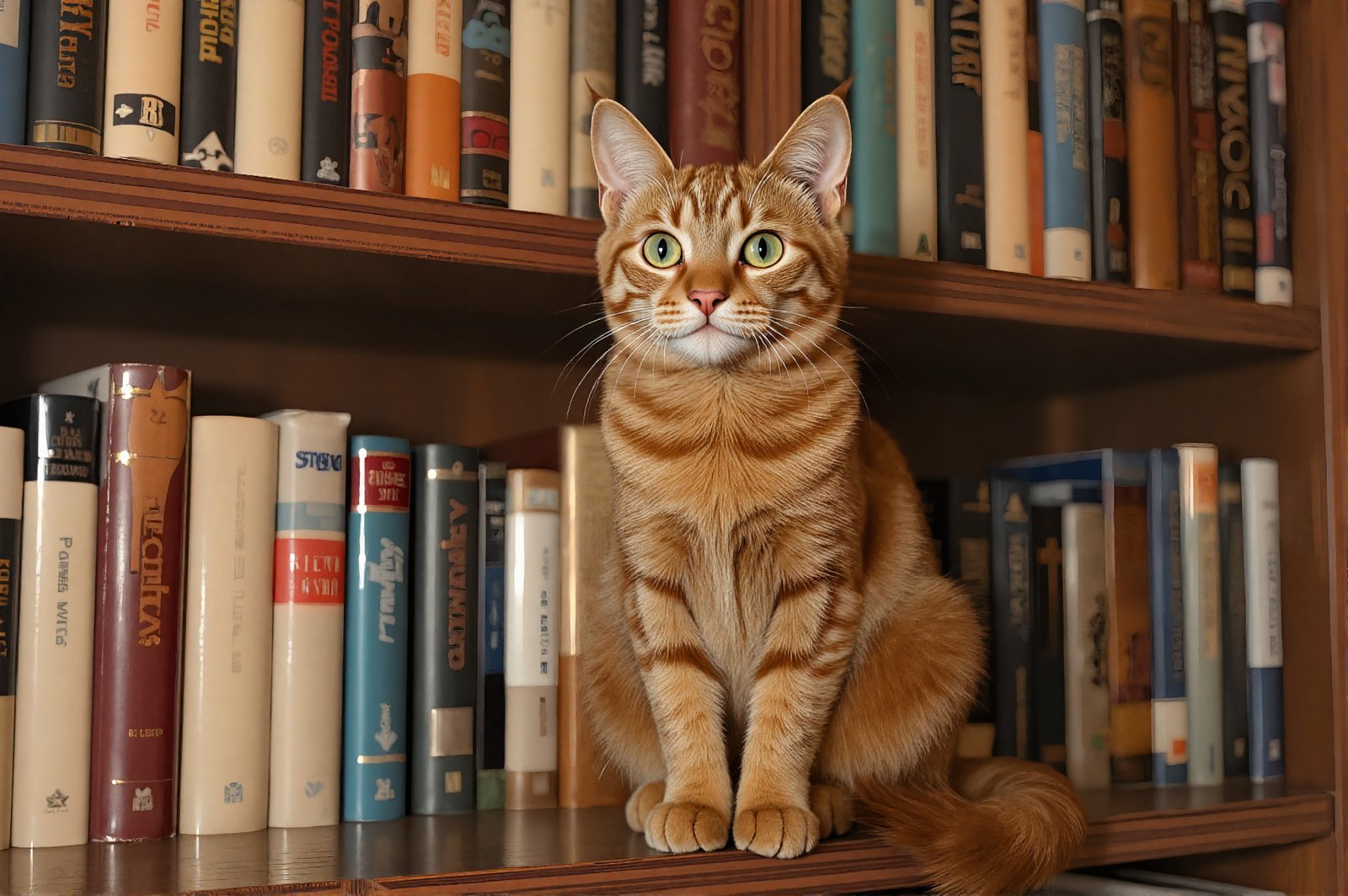 Abyssinian cat standing on a bookshelf, sleek reddish-brown fur, curious expression, bookshelf background