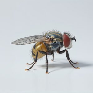 Isolated 3D cartoon style image of a single fruit fly on a white background with shadow, high-resolution insect detail