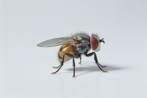 Isolated 3D cartoon style image of a single fruit fly on a white background with shadow, high-resolution insect detail
