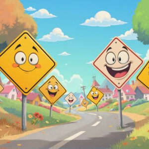 Funny cartoon road signs with exaggerated shapes and face expressions