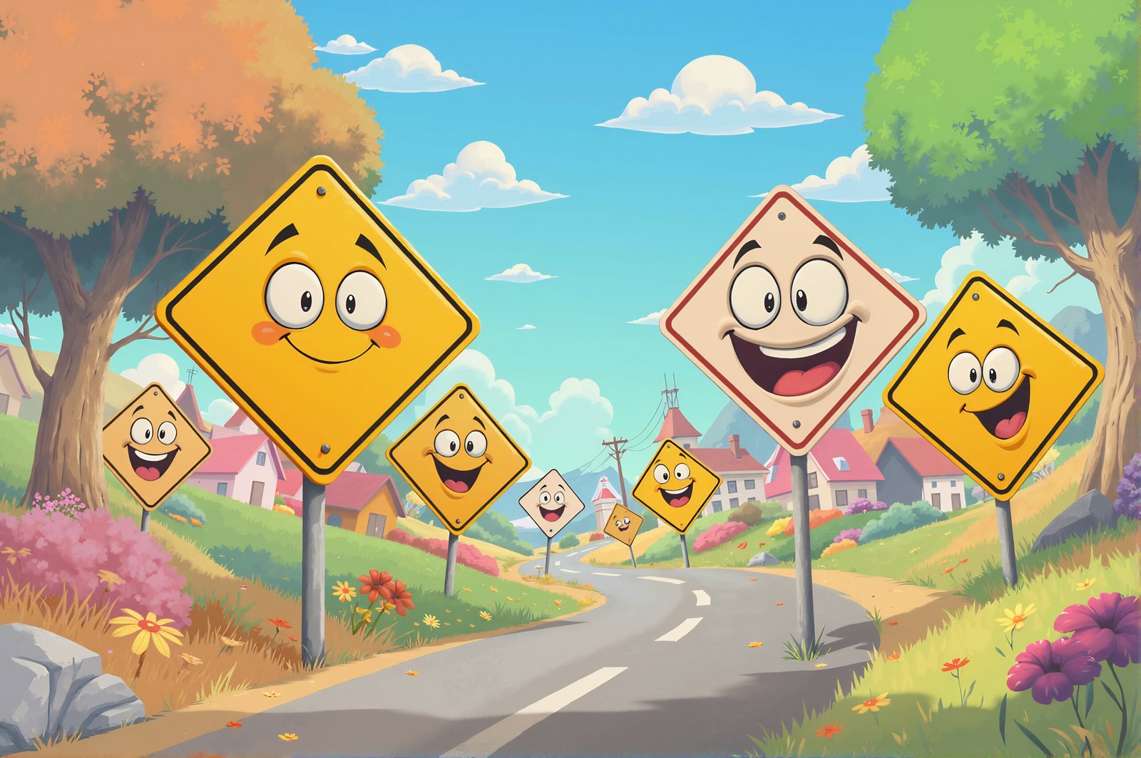 Funny cartoon road signs with exaggerated shapes and face expressions