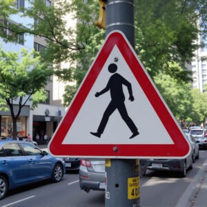 An urban setting with realistic road sign—pedestrian crossing, amid city traffic