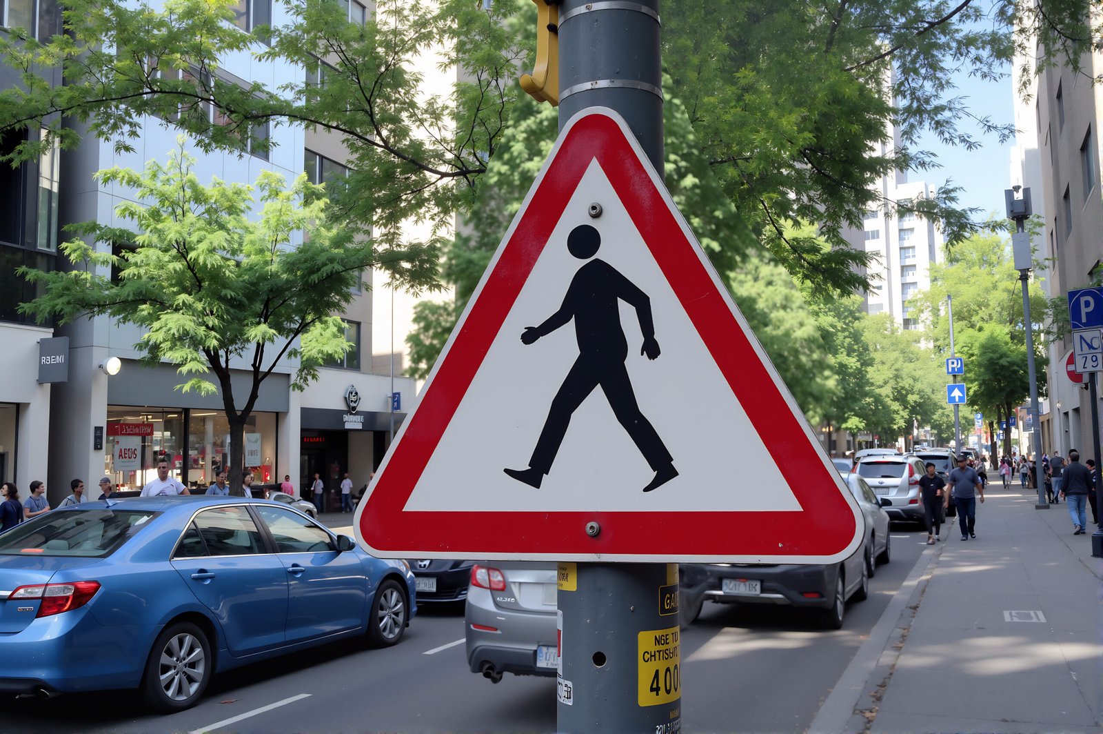 An urban setting with realistic road sign—pedestrian crossing, amid city traffic