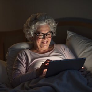 Old woman browsing the internet on a tablet in bed, wearing reading glasses and pajamas