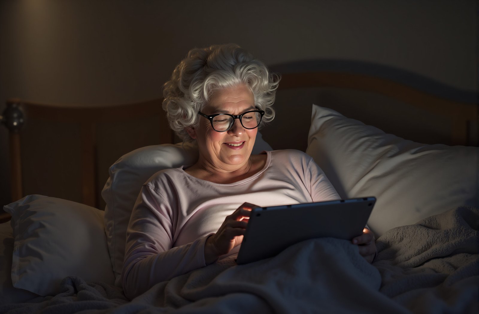 Old woman browsing the internet on a tablet in bed, wearing reading glasses and pajamas