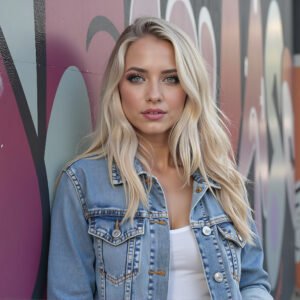 Blonde woman wearing a denim jacket, leaning against a graffiti wall with a casual pose